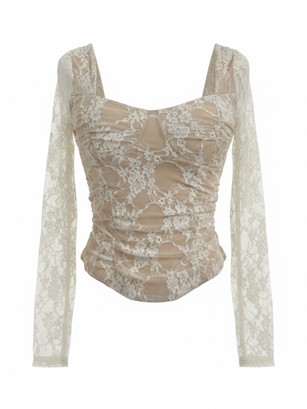 Women’s Romantic Sheer Lace Long Sleeve Corset Top Nude & Ivory Coquette Medium